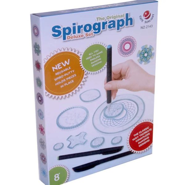 Conjunto de espirógrafos com várias peças coloridas, incluindo moldes, suportes e ferramentas, para criar desenhos geométricos.