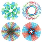 Quatro imagens de espirógrafos com padrões complexos e coloridos, cada um com diferentes formas e combinações de linhas.