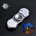 Isqueiro com design de spinner, acabamento em prata, com LED azul e vermelho, vista superior, detalhes do botão e luz acesa.