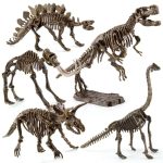 Modelos de esqueletos de diferentes dinossauros, incluindo T-Rex, Triceratops e Velociraptor, com detalhes anatómicos visíveis e base de suporte.