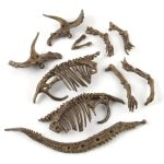 Conjunto de fósseis de dinossauros em miniatura, incluindo crânios, ossos e uma cauda, usados em atividades de escavação arqueológica.
