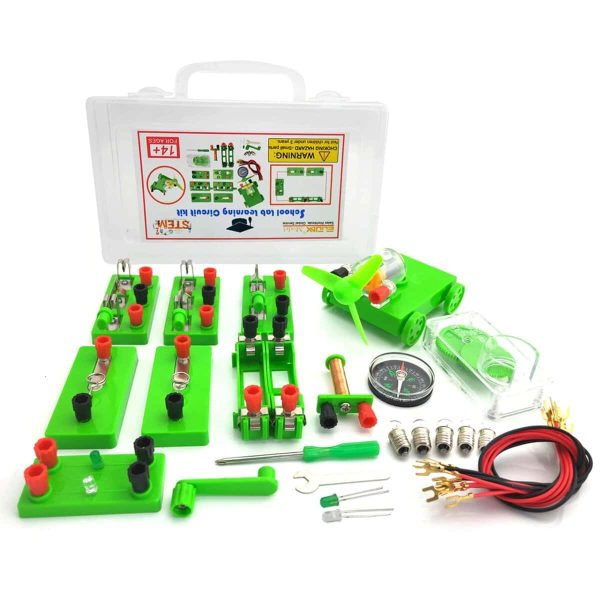 Conjunto de componentes eletrônicos com placas, fios, motor, e instrumentos de medição para experimentos de eletricidade.