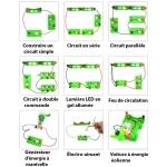Kit educativo para construir diferentes circuitos elétricos simples, em série, paralelo, com duplo comando, com LED, gerador, eletroímã e carro a energia eólica.