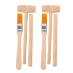 Conjunto de ferramentas de escavação de madeira com cabos de madeira e pontas de plástico laranja, incluindo martelo, escova e outros instrumentos.