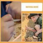 Criança a escavar com uma ferramenta de arqueologia, usando chapéu e roupa de exploração, ao lado de uma parede de pedra antiga.