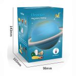 Caixa do kit de exploração do planeta Uranus com imagens de minerais e ferramentas de escavação, vista frontal com dimensões indicadas.