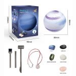 Esfera de resina com textura lunar, embalagem de caixa azul, ferramentas de escavação, pedras simuladas e cordão de exploração.