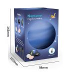 Caixa do kit Neptune de mineração planetária com imagens de minerais e ferramentas, vista frontal com dimensões indicadas ao lado.