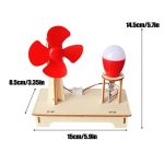 Ventilador de hélice vermelha, lâmpada LED vermelha e base de madeira com dimensões.