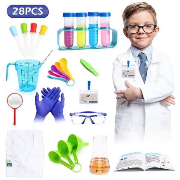 Conjunto de instrumentos de laboratório para crianças, incluindo tubos de ensaio, pipetas, luvas, óculos de proteção, balão medidor, colher de medição, e um jovem cientista com jaleco e óculos.