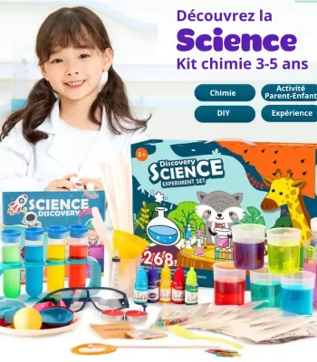 Conjunto de experiências científicas para crianças de 3 a 5 anos, incluindo produtos para experiências de química, atividades pai-filho, DIY e descoberta científica.
