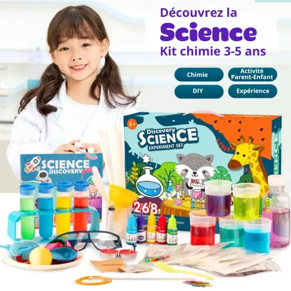 Conjunto de experiências científicas para crianças de 3 a 5 anos, incluindo produtos para experiências de química, atividades pai-filho, DIY e descoberta científica.
