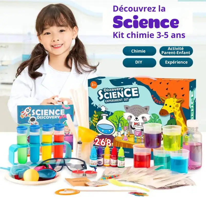 Conjunto de experiências científicas para crianças de 3 a 5 anos, incluindo produtos para experiências de química, atividades pai-filho, DIY e descoberta científica.