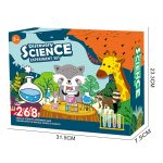 Caixa do kit de ciência com ilustrações de animais, tubos de ensaio, e elementos de laboratório coloridos, ideal para crianças de 3 anos ou mais.