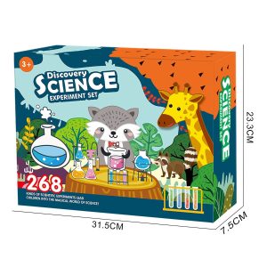 Caixa do kit de ciência com ilustrações de animais, tubos de ensaio, e elementos de laboratório coloridos, ideal para crianças de 3 anos ou mais.