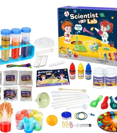 Conjunto de materiais de laboratório com tubos, pipetas, corantes, balões, e acessórios para experiências científicas infantis.