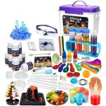 Conjunto de materiais de ciência com tubos, reagentes, pipetas, óculos de proteção, e instrumentos de experimentação para crianças.