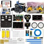 Componentes do kit de robótica infantil incluindo motores, sensores, controladores, rodas, cabos e ferramentas, dispostos em uma mesa.