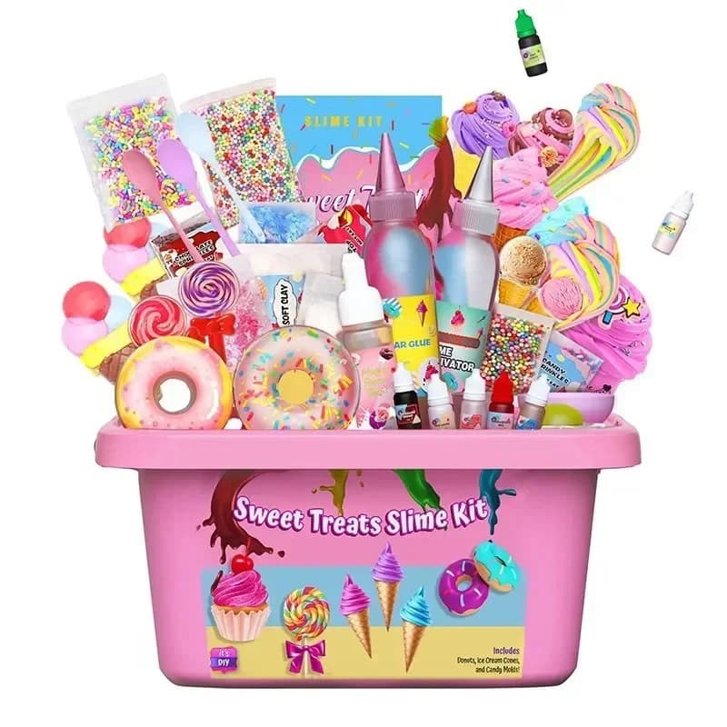 Conjunto de materiais coloridos para fazer slime de gelado, incluindo corantes, confetes, moldes, e ingredientes.