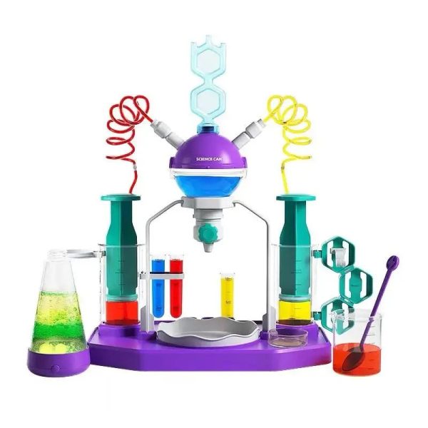 Conjunto de laboratório de química com tubos, reagentes coloridos, balão de vidro, e acessórios educativos para experimentos científicos.