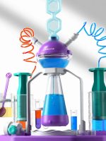 Conjunto de tubos de ensaio, tubos de medição e equipamento de laboratório de química com cores vibrantes e detalhes de tubos conectados por tubos de plástico coloridos.