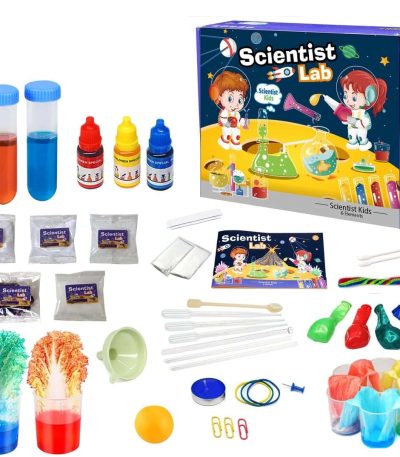 Conjunto de materiais de laboratório com tubos, corantes, pipetas, balões, e acessórios para experiências científicas infantis.
