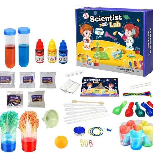 Conjunto de materiais de laboratório com tubos, corantes, pipetas, balões, e acessórios para experiências científicas infantis.
