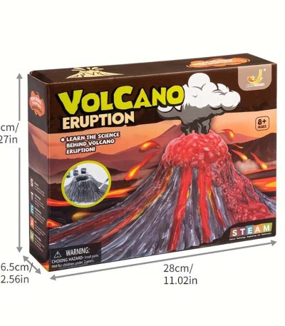 Caixa do kit de vulcão de erupção com ilustração de um vulcão em erupção, dimensões indicadas, e detalhes do produto.