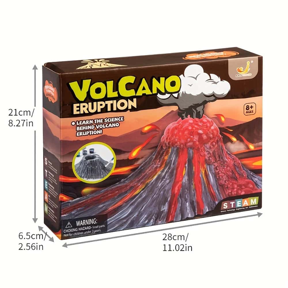 Caixa do kit de vulcão de erupção com ilustração de um vulcão em erupção, dimensões indicadas, e detalhes do produto.