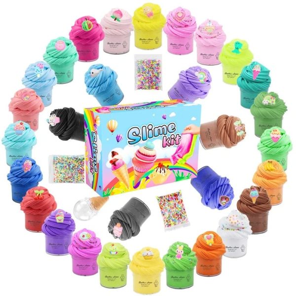 Conjunto de 20 potes de slime colorido com diferentes cores e decorações, incluindo glitter, pequenos enfeites e utensílios para manipular o slime.