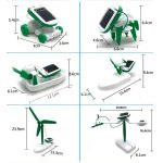 Conjunto de seis modelos de brinquedos solares, incluindo um robô, um animal, um barco, um avião, um moinho de vento e um drone, todos com painéis solares.