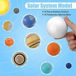 Esfera branca de poliestirén representando um planeta, com uma mão segurando-a, ao lado de outros planetas em miniatura e o Sol no fundo.
