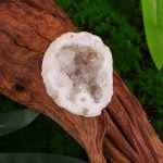 Geodo de cristal de rocha cinzento com interior cristalino, colocado sobre tronco de madeira, com fundo de vegetação verde.
