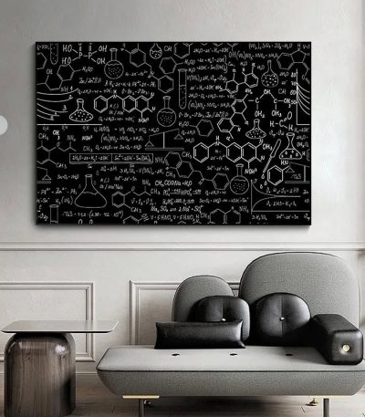 Quadro negro com fórmulas químicas, moléculas e equações científicas escritas a giz branco, decorando uma parede de sala moderna.
