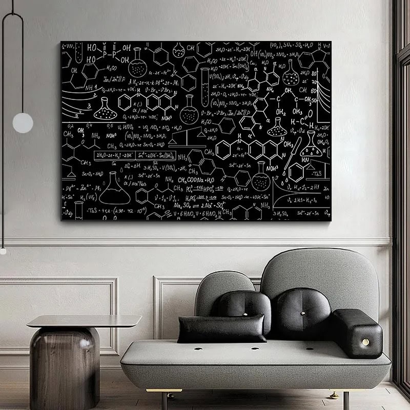 Quadro negro com fórmulas químicas, moléculas e equações científicas escritas a giz branco, decorando uma parede de sala moderna.