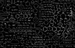 Desenho de várias fórmulas químicas, estruturas moleculares e equações químicas em quadro negro.