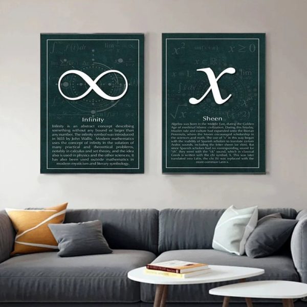 Duas molduras com símbolos matemáticos, infinito e x, em sala de estar moderna com sofá cinza e almofadas coloridas.