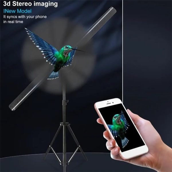 Hummingbird em voo projetado por holograma 3D, sincronizado com smartphone, com suporte e tela de projeção.