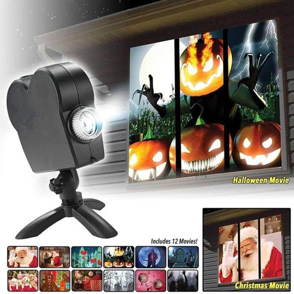 Projetor holográfico a projetar imagens de abóboras assustadoras e mãos fantasmagóricas na parede, com uma lente ajustável e suporte.