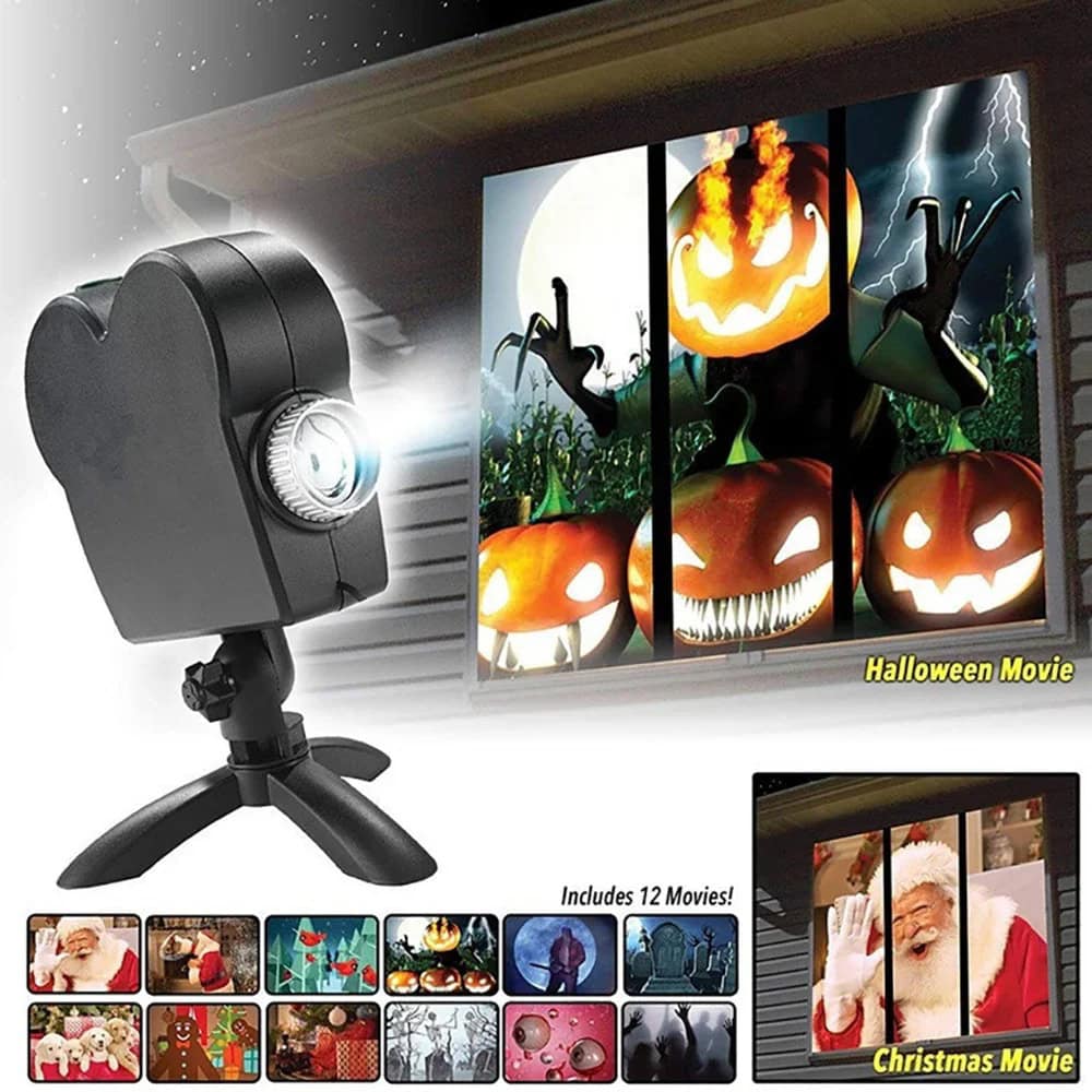 Projetor holográfico Halloween com filmes Projetor holográfico a projetar imagens de abóboras assustadoras e mãos fantasmagóricas na parede, com uma lente ajustável e suporte.