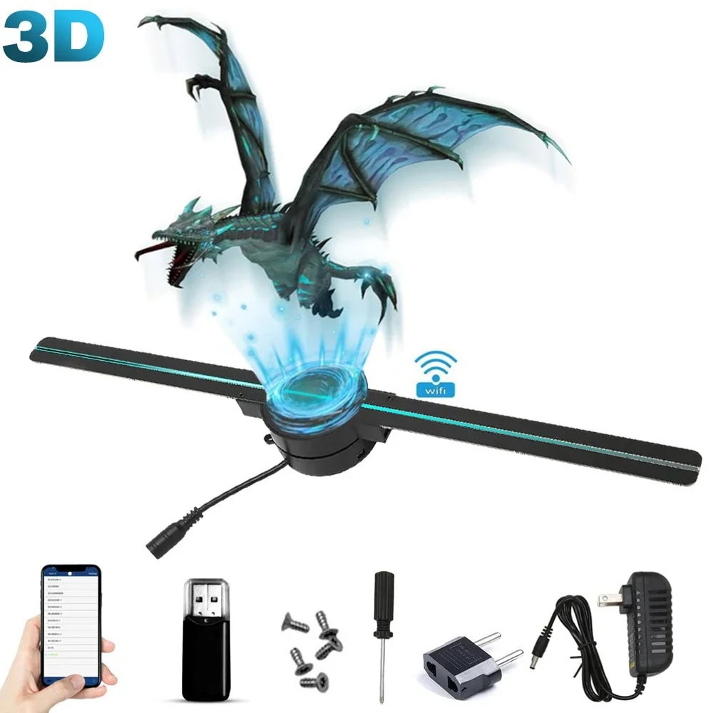 Projeção de dragão 3D em holograma, vista de cima, com base de suporte e controle remoto.