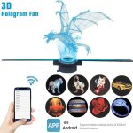 Projeção de dragão 3D holográfico a partir de um dispositivo portátil, com controle via app em smartphone, e várias imagens de personagens e objetos.