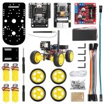 Componentes eletrónicos para montagem de robô, incluindo rodas, motores, placa de circuito, bateria, cabos e ferramentas.