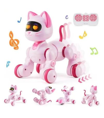 Robô gato em cor rosa com olhos grandes e máscara preta, acompanhado por quatro versões menores, com controlo remoto rosa e botões musicais.