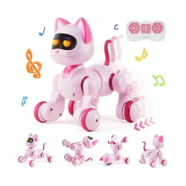 Robô gato em cor rosa com olhos grandes e máscara preta, acompanhado por quatro versões menores, com controlo remoto rosa e botões musicais.