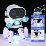Robô branco com olhos digitais, rodas com luzes LED azuis, braços articulados, exibindo funções de música, luzes neon e dança.