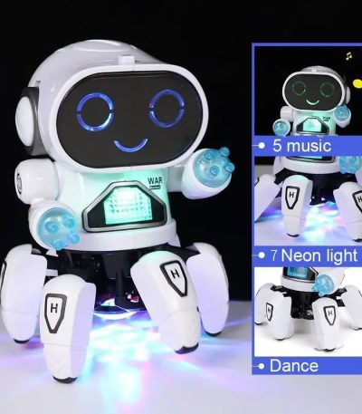 Robô branco com olhos digitais, rodas com luzes LED azuis, braços articulados, exibindo funções de música, luzes neon e dança.