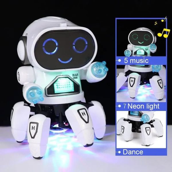 Robô branco com olhos digitais, rodas com luzes LED azuis, braços articulados, exibindo funções de música, luzes neon e dança.