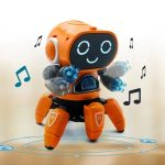 Robô com corpo de inseto, cabeça de ecrã digital com rosto sorridente, braços articulados, pernas de inseto, em fundo branco com notas musicais.