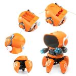 Robô de brinquedo com corpo laranja, cabeça grande com visor preto, braços articulados com mãos azuis, rodas na base e detalhes em preto e branco.
